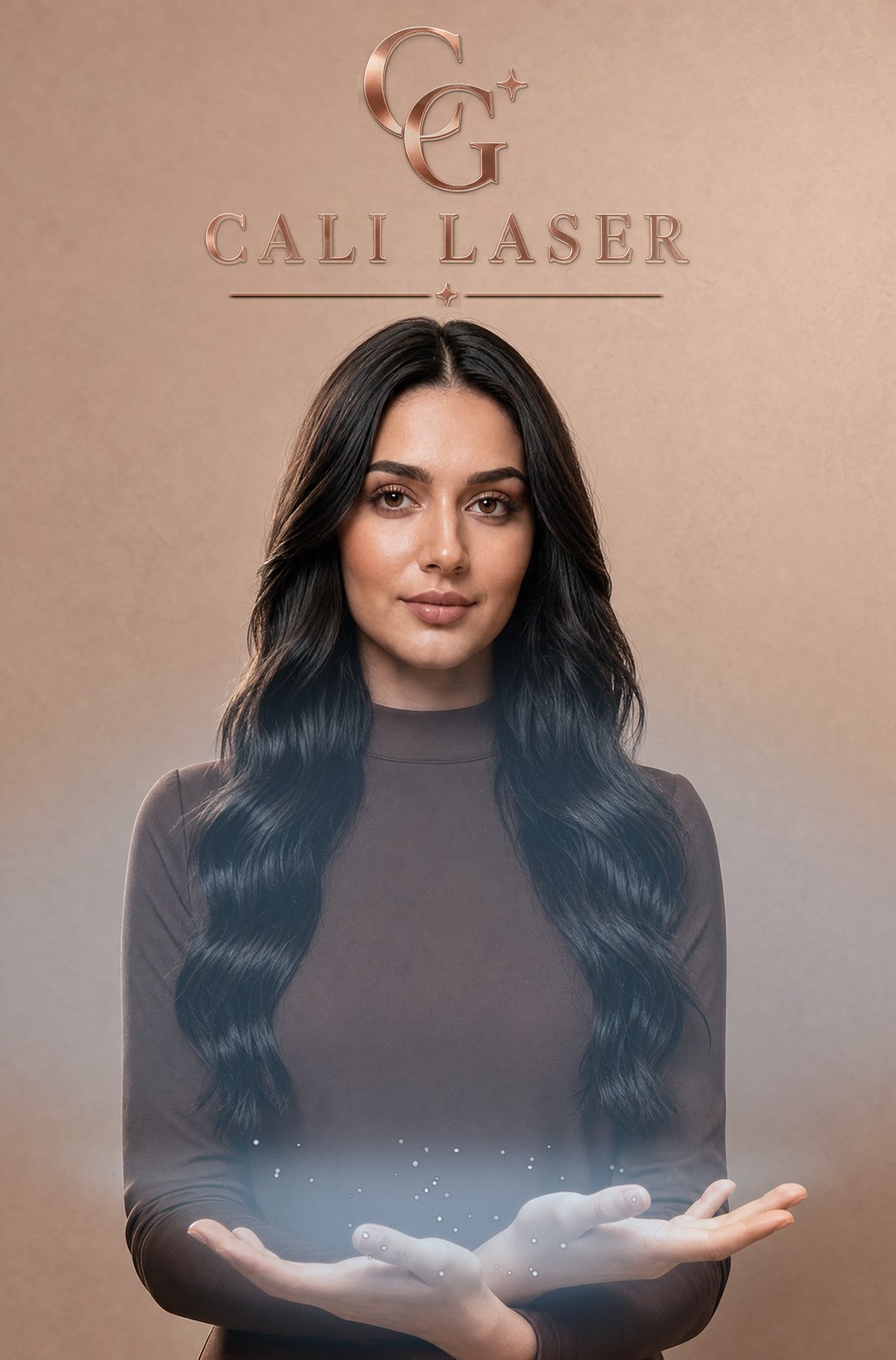 Cali Laser specialist holding the treatment screen above her open hands, in front of the Cali Laser sign