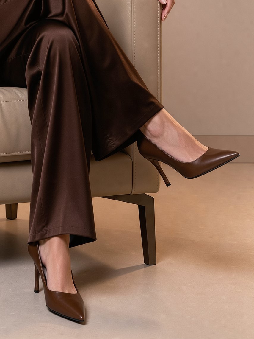 Legs crossed in brown satin trousers and heels
